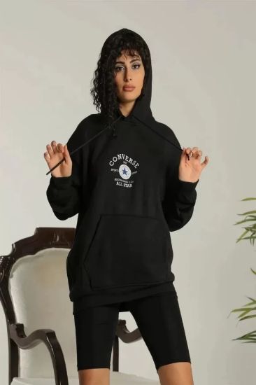 Unisex Kapüşonlu Üç İplik Oversize Baskılı Sweatshirt - Siyah resmi