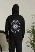 Unisex Kapüşonlu Üç İplik Oversize  Baskılı Sweatshirt - Siyah resmi