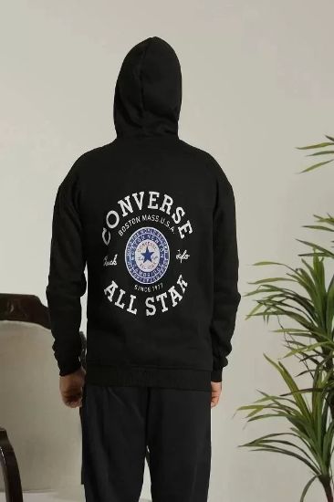 Unisex Kapüşonlu Üç İplik Oversize  Baskılı Sweatshirt - Siyah resmi