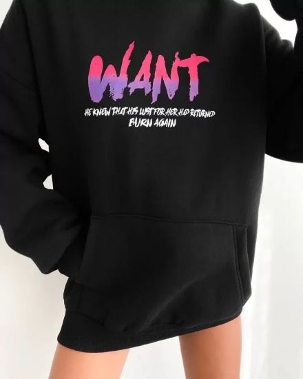 Baskılı Üç İplik Kapüşonlu Oversize Sweatshirt - Siyah resmi
