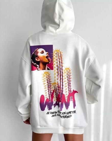 Baskılı Üç İplik Kapüşonlu Oversize Sweatshirt - Beyaz resmi