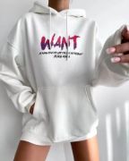 Baskılı Üç İplik Kapüşonlu Oversize Sweatshirt - Beyaz resmi