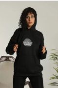 Unisex Sırt Baskılı Kapüşonlu Üç İplik Oversize Sweatshirt - Siyah resmi