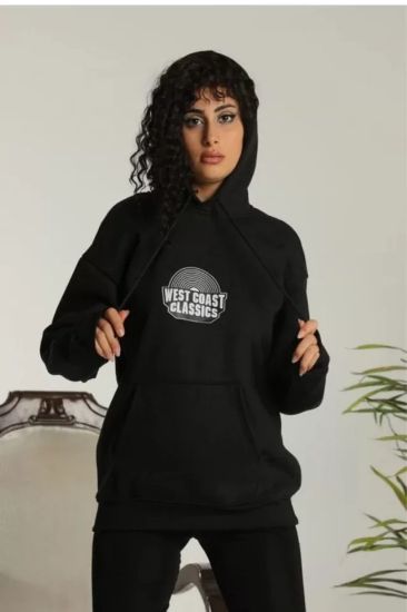 Unisex Sırt Baskılı Kapüşonlu Üç İplik Oversize Sweatshirt - Siyah resmi