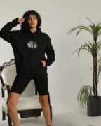 Unisex Sırt Baskılı Kapüşonlu Üç İplik Oversize Sweatshirt - Siyah resmi