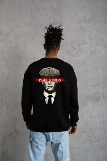Unisex Bisiklet Yaka Baskılı Oversize Sweatshirt - Siyah resmi