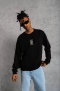 Unisex Bisiklet Yaka Baskılı Oversize Sweatshirt - Siyah resmi
