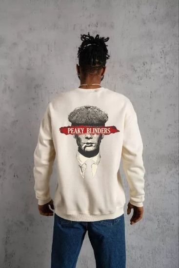 Unisex Bisiklet Yaka Baskılı Oversize Sweatshirt - Beyaz resmi