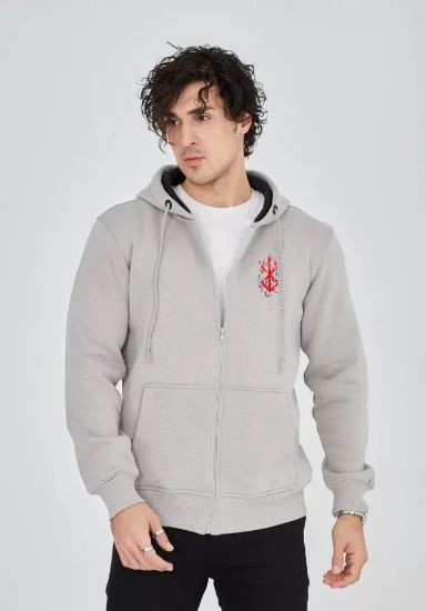 Unisex Baskılı Tam Fermuarlı Kapşonlu SweatShirt - Boyalı Gri resmi