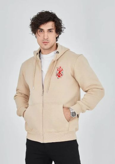 Unisex Baskılı Tam Fermuarlı Kapşonlu SweatShirt - Bej resmi