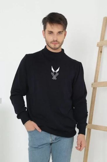 Unisex Yarım Boğazlı Baskılı Dokuma Triko - Siyah resmi