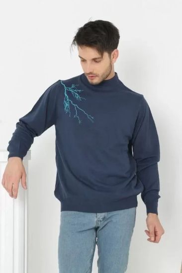 Unisex Yarım Boğazlı Baskılı Dokuma Triko - Indigo resmi