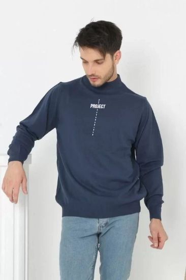 Baskılı Tam Boğazlı Uzun Kol Dokuma Triko - Indigo resmi