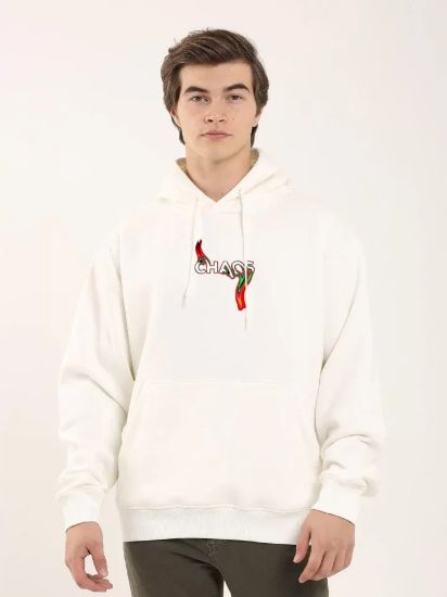 Unisex Baskılı Oversize Üç İplik Kapüşonlu Sweatshirt - Beyaz resmi