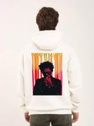 Unisex Baskılı Oversize Üç İplik Kapüşonlu Sweatshirt - Beyaz resmi