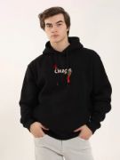 Unisex Baskılı Oversize Üç İplik Kapüşonlu Sweatshirt - Siyah resmi