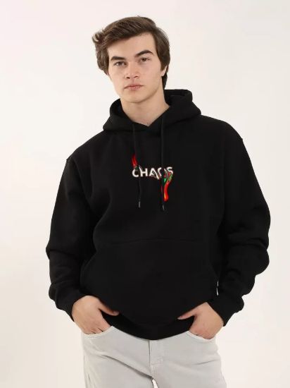 Unisex Baskılı Oversize Üç İplik Kapüşonlu Sweatshirt - Siyah resmi