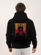 Unisex Baskılı Oversize Üç İplik Kapüşonlu Sweatshirt - Siyah resmi