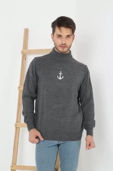 Unisex Yarım Boğazlı Baskılı Dokuma Triko - Füme resmi