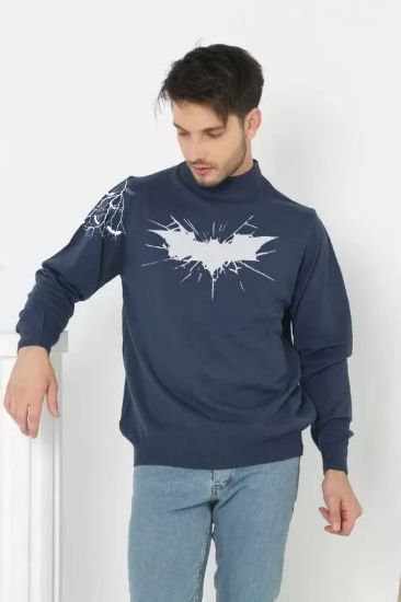 Unisex Yarım Boğazlı Baskılı Dokuma Triko -Indigo resmi