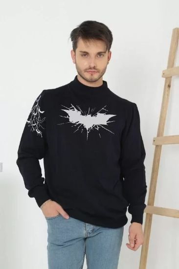 Unisex Yarım Boğazlı Baskılı Dokuma Triko - Siyah resmi