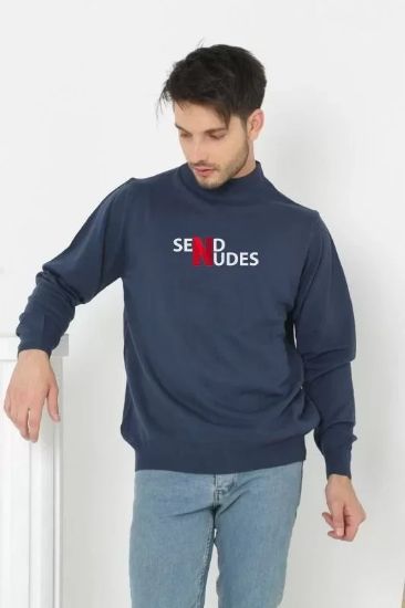 Unisex Yarım Boğazlı Baskılı Dokuma Triko - Indigo resmi