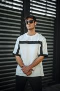 Unisex Yandan Fermuarlı Parçalı T-Shirt - Beyaz resmi