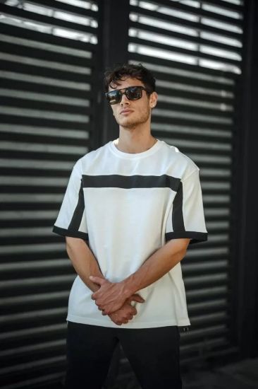 Unisex Yandan Fermuarlı Parçalı T-Shirt - Beyaz resmi