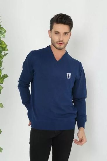 Baskılı V Yaka Uzun Kol Dokuma Triko - Indigo resmi