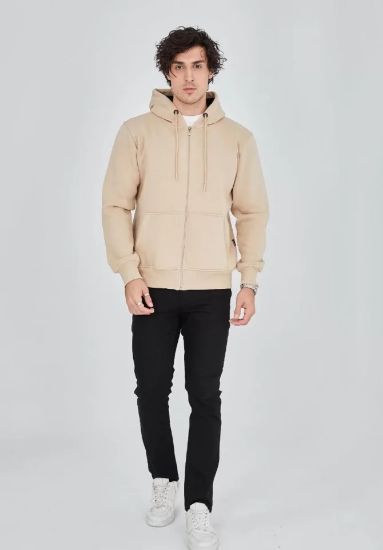 Unisex Tam Fermuarlı Kapşonlu  SweatShirt - Bej resmi