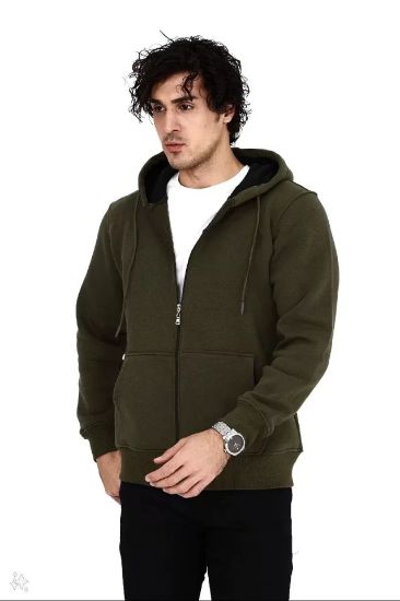 Unisex Tam Fermuarlı Kapşonlu  SweatShirt - Haki resmi