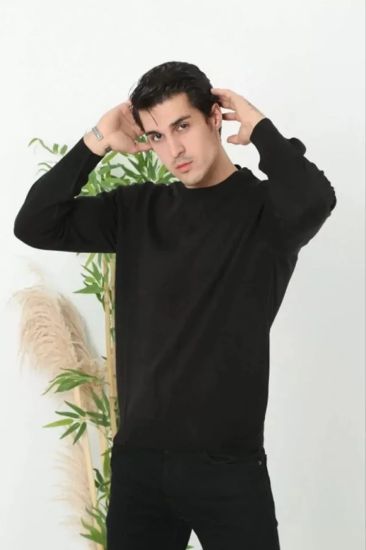 Unisex Uzun Kol Biskilet Yaka Dokuma Triko - Siyah resmi