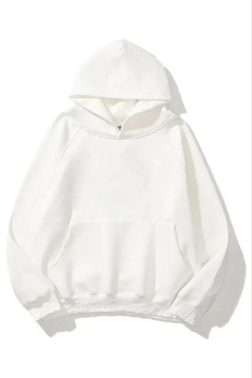 3 İplik Pamuklu Unisex Kapşonlu Sweetshirt - Beyaz resmi