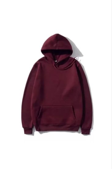 3 İplik Pamuklu Unisex Kapşonlu Sweetshirt - Bordo resmi