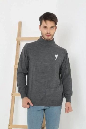 Unisex Yarım Boğazlı Baskılı Dokuma Triko - Füme resmi