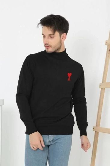Unisex Yarım Boğazlı Baskılı Dokuma Triko - Siyah resmi