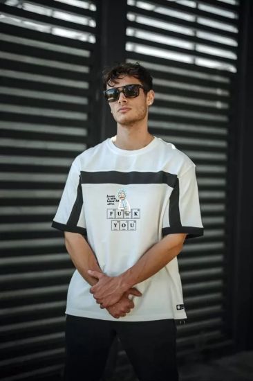 Unisex İki Yandan Fermuarlı Parçalı Baskılı Oversize T-shirt - Beyaz resmi