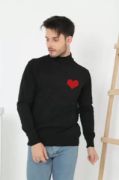 Unisex Yarım Boğazlı Baskılı Dokuma Triko - Siyah resmi