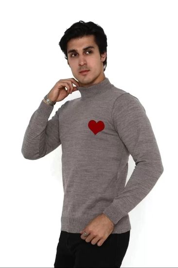 Unisex Yarım Boğazlı Baskılı Dokuma Triko - Vizon resmi