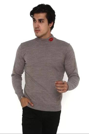 Unisex Yarım Boğazlı Baskılı Dokuma Triko - Vizon resmi