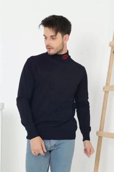 Unisex Yarım Boğazlı Baskılı Dokuma Triko - Lacivert resmi