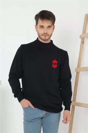 Unisex Yarım Boğazlı Baskılı Dokuma Triko - Lacivert resmi