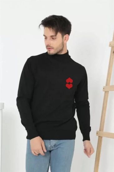 Unisex Yarım Boğazlı Baskılı Dokuma Triko - Siyah resmi