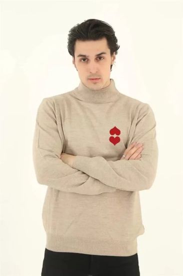 Unisex Yarım Boğazlı Baskılı Dokuma Triko - Bej resmi