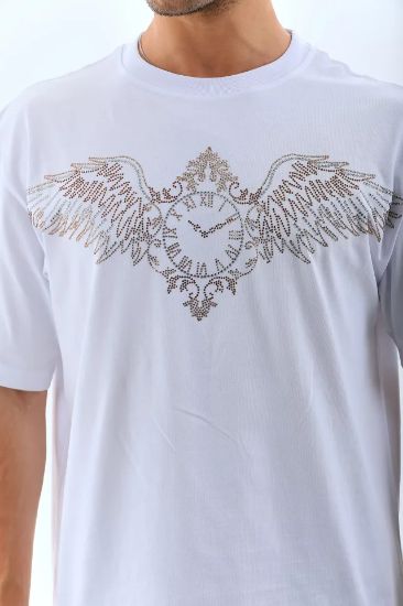 Unisex Oversize Taşlı Bisiklet Yaka T-Shirt - Beyaz resmi