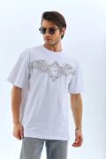 Unisex Oversize Taşlı Bisiklet Yaka T-Shirt - Beyaz resmi
