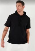 Unisex Kapşonlu Kısa Kol Düz Oversize T-shirt - Siyah resmi