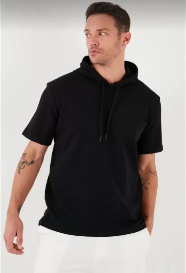 Unisex Kapşonlu Kısa Kol Düz Oversize T-shirt - Siyah resmi