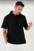 Unisex Kapşonlu Kısa Kol Düz Oversize T-shirt - Siyah resmi