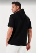 Unisex Kapşonlu Kısa Kol Düz Oversize T-shirt - Siyah resmi